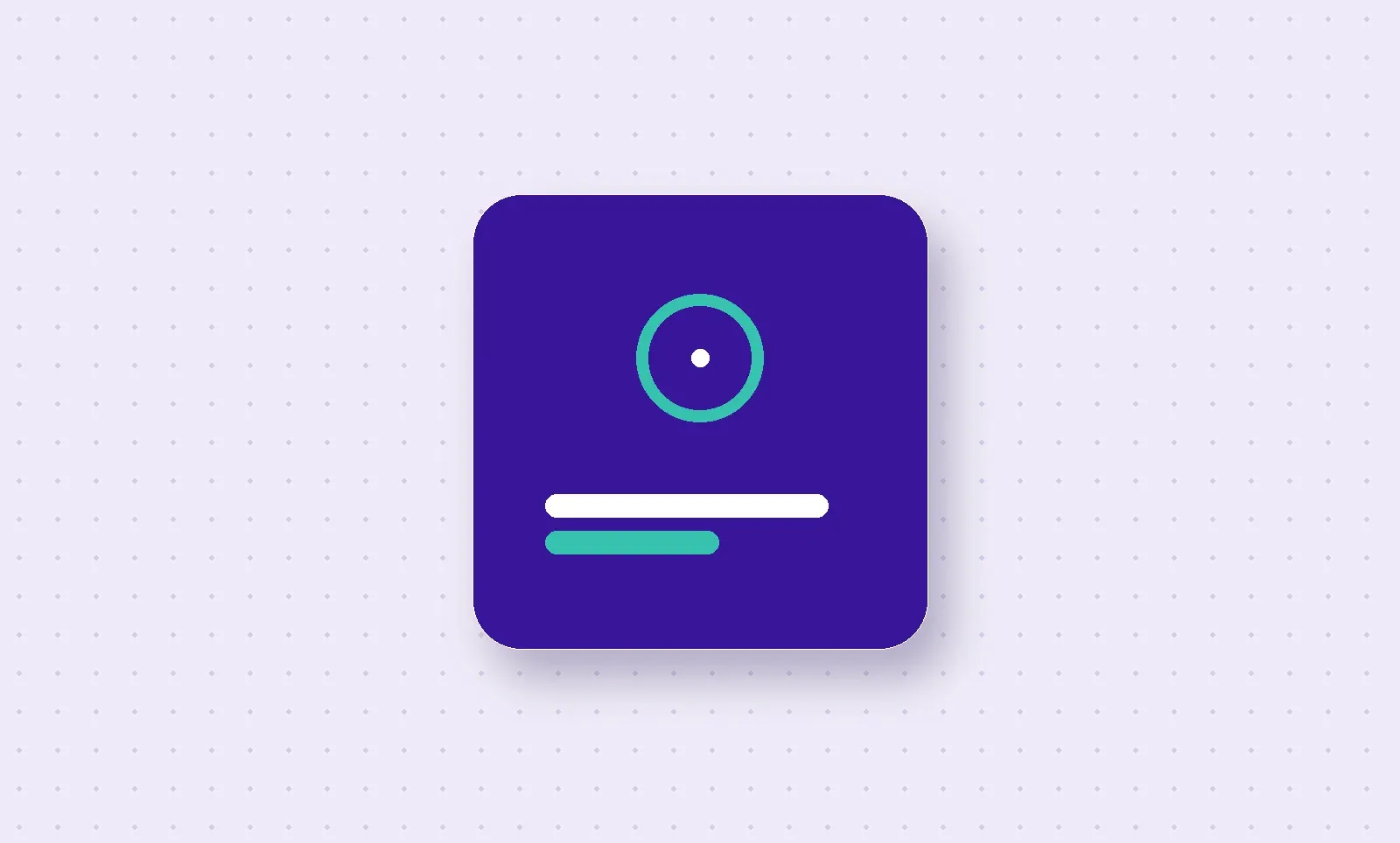 A dark purple podcast cover art square on a lavender dot-grid background, with a turquoise ring standing in for a logo mark and two wordless bars standing in for a show title.