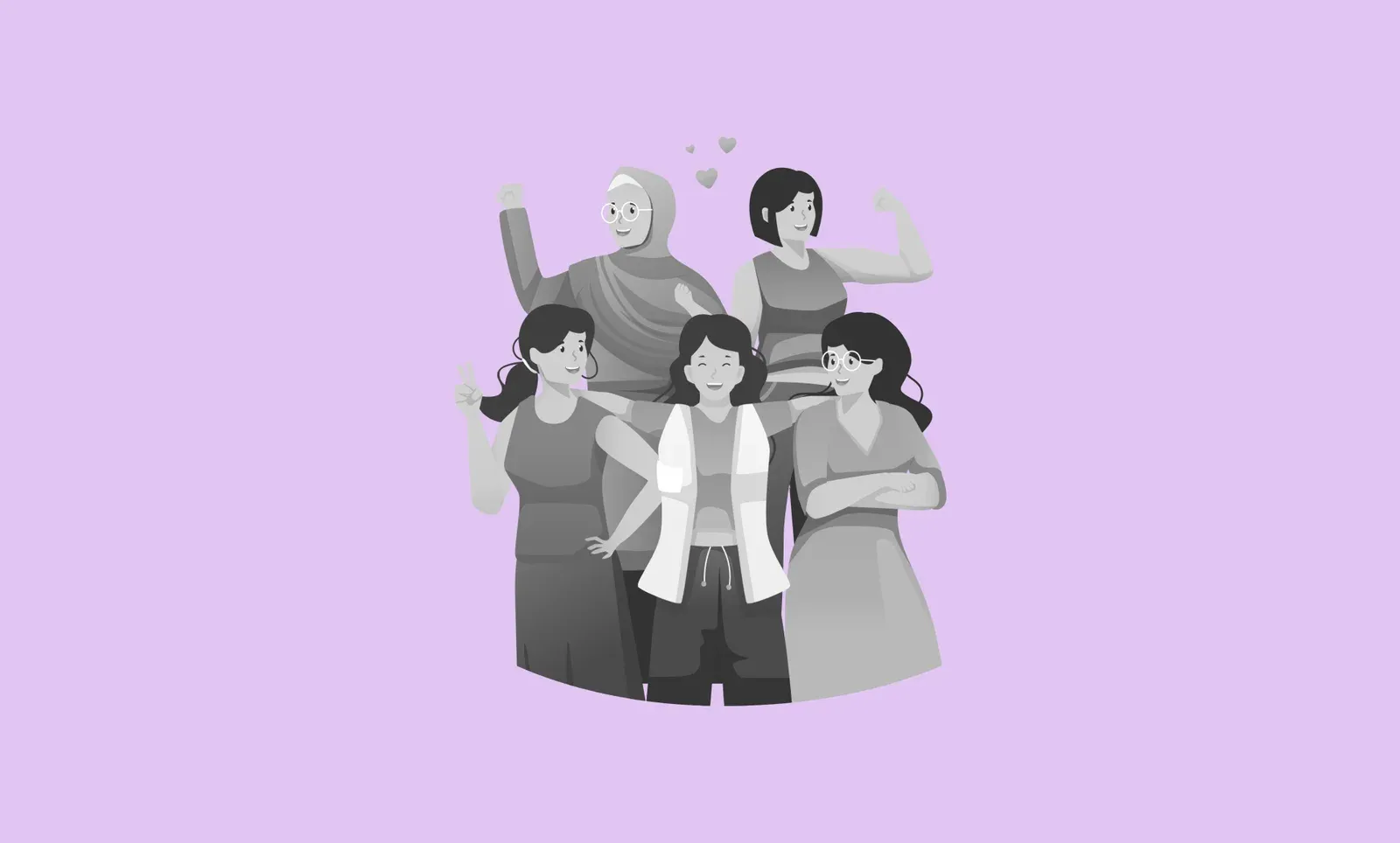 An illustration of five women standing together as a group.