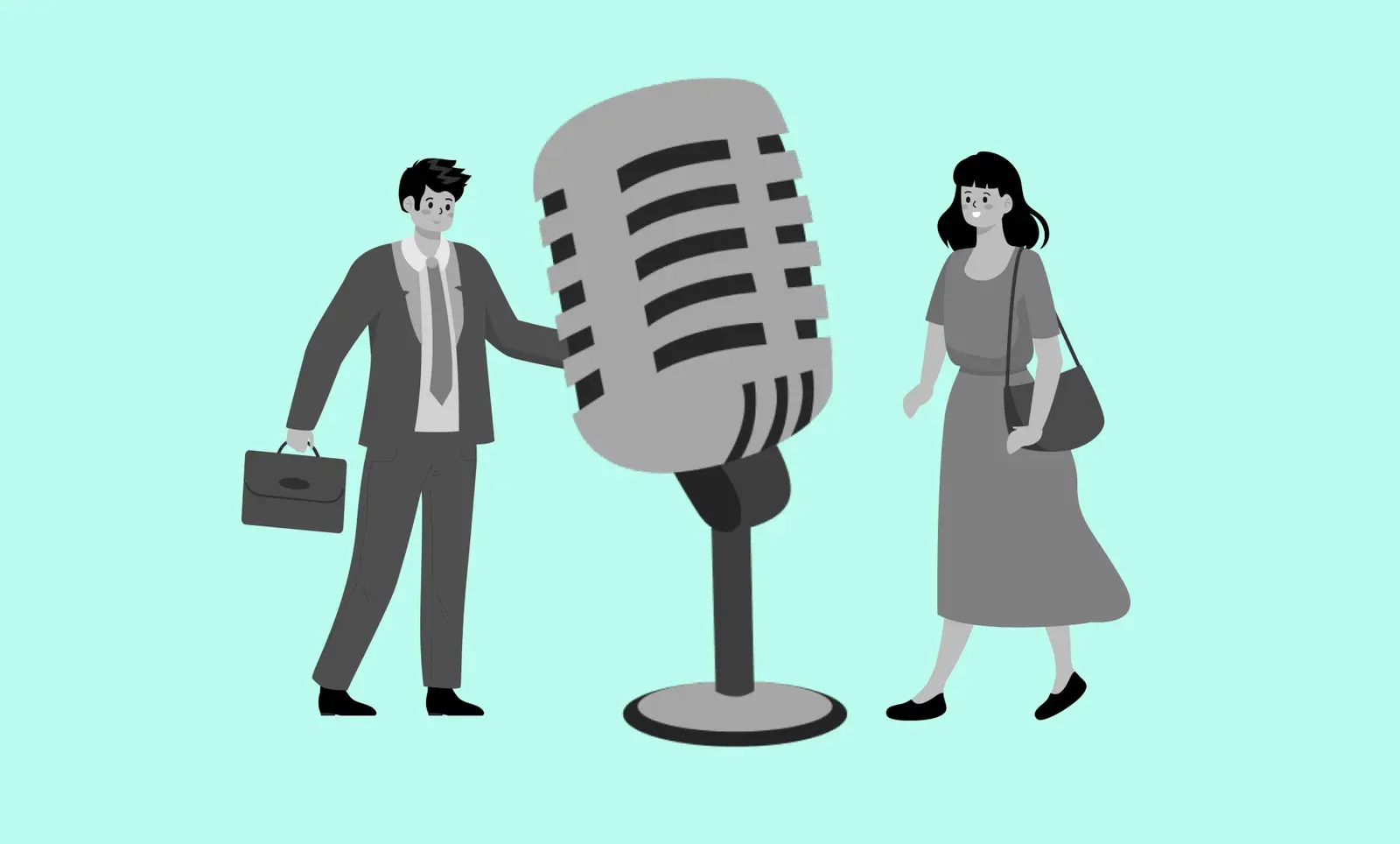 Illustration of a man in a suit holding a briefcase and a woman with a shoulder bag standing either side of a large vintage microphone.