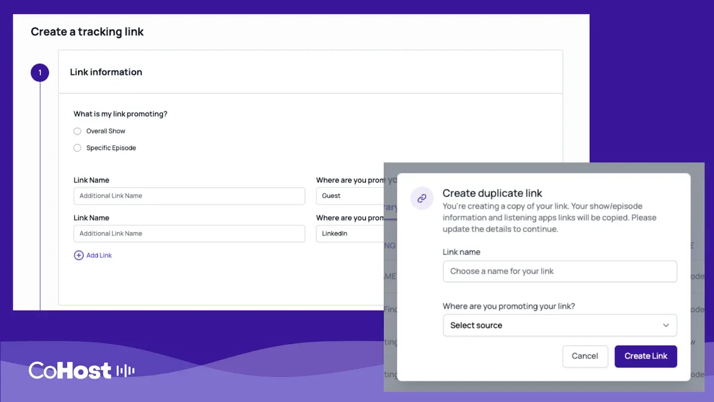 The Create a tracking link form with multiple link name fields and an Add Link button, overlaid by a Create duplicate link dialog.