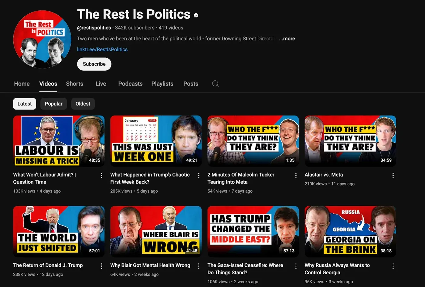 "The Rest Is Politics" YouTube channel page with 342K subscribers and a grid of long-form political video thumbnails