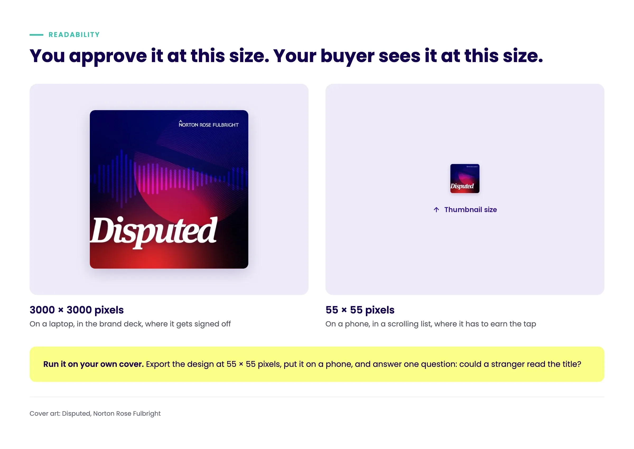 Side-by-side comparison of the Disputed podcast cover at 3000 by 3000 pixels next to the same design shrunk down to illustrate how little detail survives at a 55 by 55 pixel thumbnail size.
